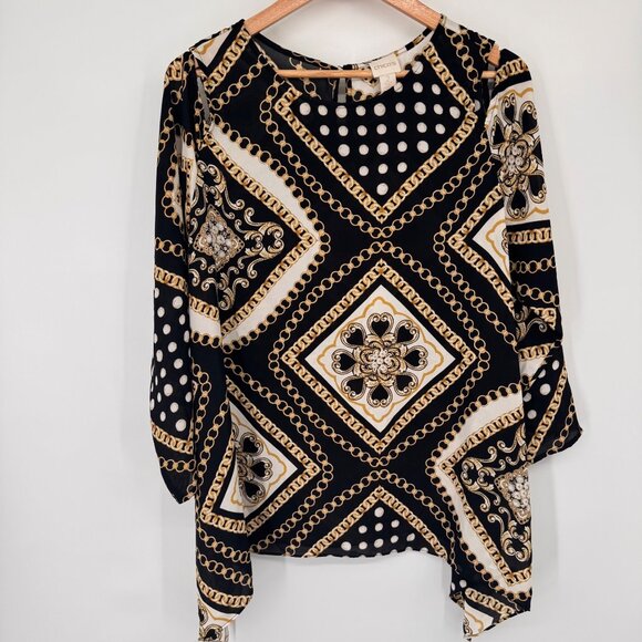Chicos 2 Womens Black Gold Geometric Chain Print cold shoulder Blouse Size large - Picture 5 of 10